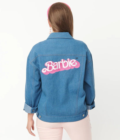 Shop Barbie x Unique Vintage Barbie Logo Kerstie Jean Jacket - Premium Denim Jackets from Unique Vintage Online now at Spoiled Brat 