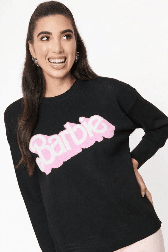 Shop Unique Vintage Barbie x Unique Vintage Black Barbie Logo Sweater Sweatshirt for women – premium loungewear and festival fashion at Spoiled Brat