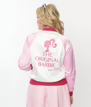 Shop Barbie x Unique Vintage Pink Satin Bomber Jacket - Premium Bomber Jacket from Unique Vintage Online now at Spoiled Brat 