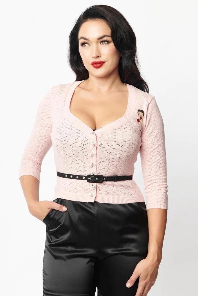 Shop Unique Vintage Unique Vintage Betty Boop x Unique Vintage Light Pink Sweetheart Cardigan Cardigan for women – premium loungewear and festival fashion at Spoiled Brat