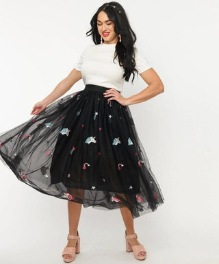Shop Unique Vintage Black Tulle & Rainbow Unicorn Hilty Skirt - Premium Maxi Skirt from Unique Vintage Online now at Spoiled Brat 