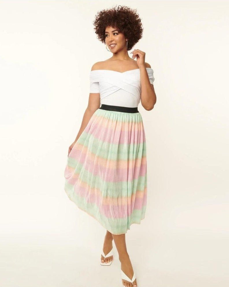 Shop Unique Vintage Pastel Ombre Pleated Hilty Skirt - Premium Midi Skirt from Unique Vintage Online now at Spoiled Brat 
