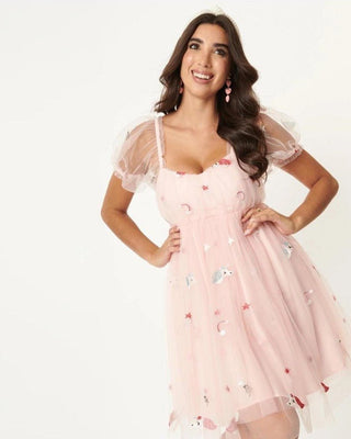 Shop Unique Vintage Pink & Unicorn Mesh Babydoll Belle Dress - Premium Dress from Unique Vintage Online now at Spoiled Brat 