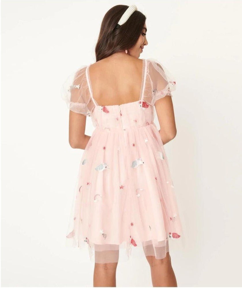 Shop Unique Vintage Pink &amp; Unicorn Mesh Babydoll Belle Dress - Premium Dress from Unique Vintage Online now at Spoiled Brat 