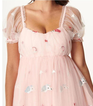 Shop Unique Vintage Pink & Unicorn Mesh Babydoll Belle Dress - Premium Dress from Unique Vintage Online now at Spoiled Brat 