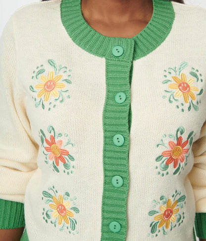 Shop Unique Vintage Smiley® x Ivory &amp; Green Flower Embroidered Cardigan - Premium Cardigan from Unique Vintage Online now at Spoiled Brat 