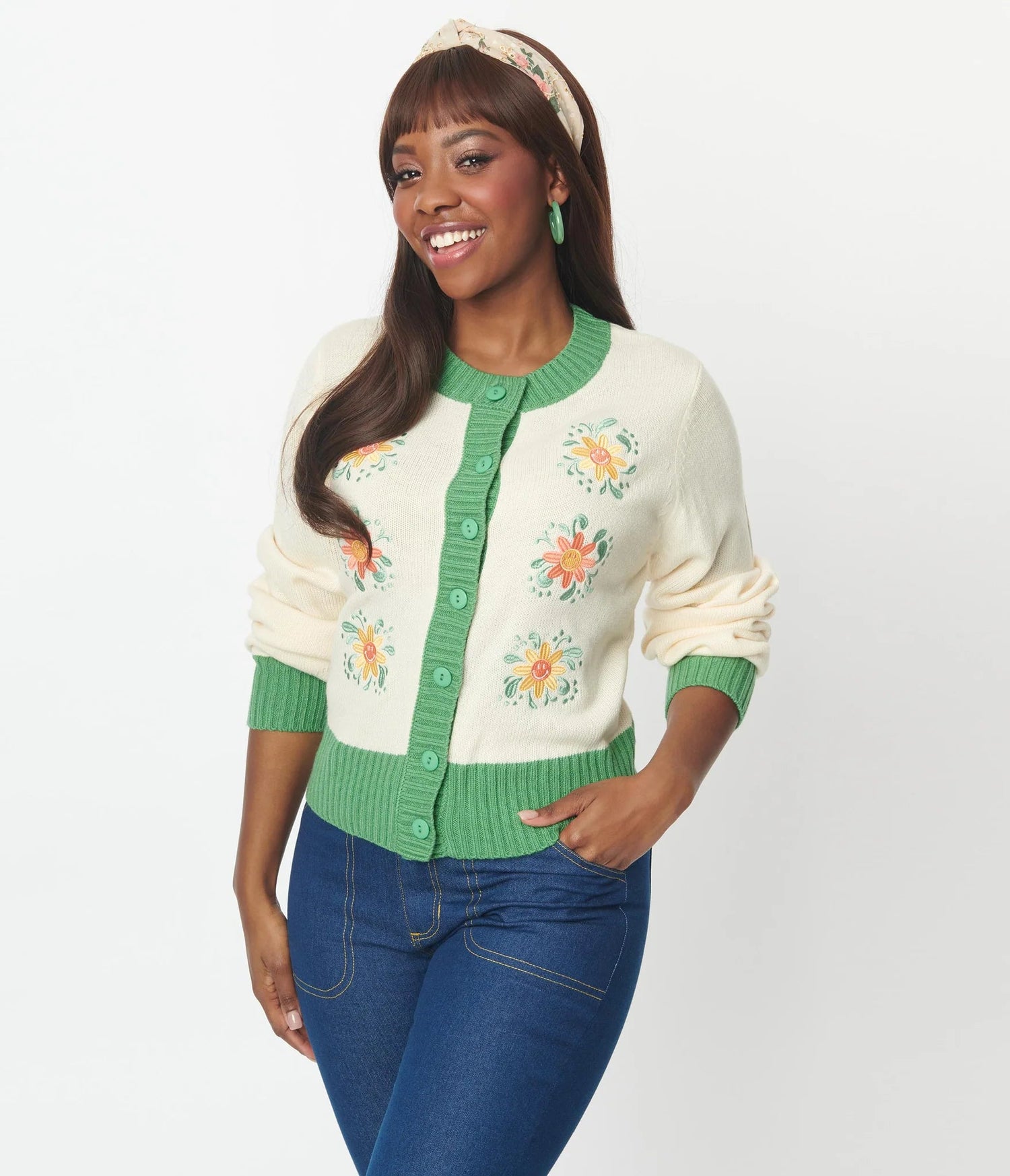 Shop Unique Vintage Smiley® x Ivory &amp; Green Flower Embroidered Cardigan - Premium Cardigan from Unique Vintage Online now at Spoiled Brat 