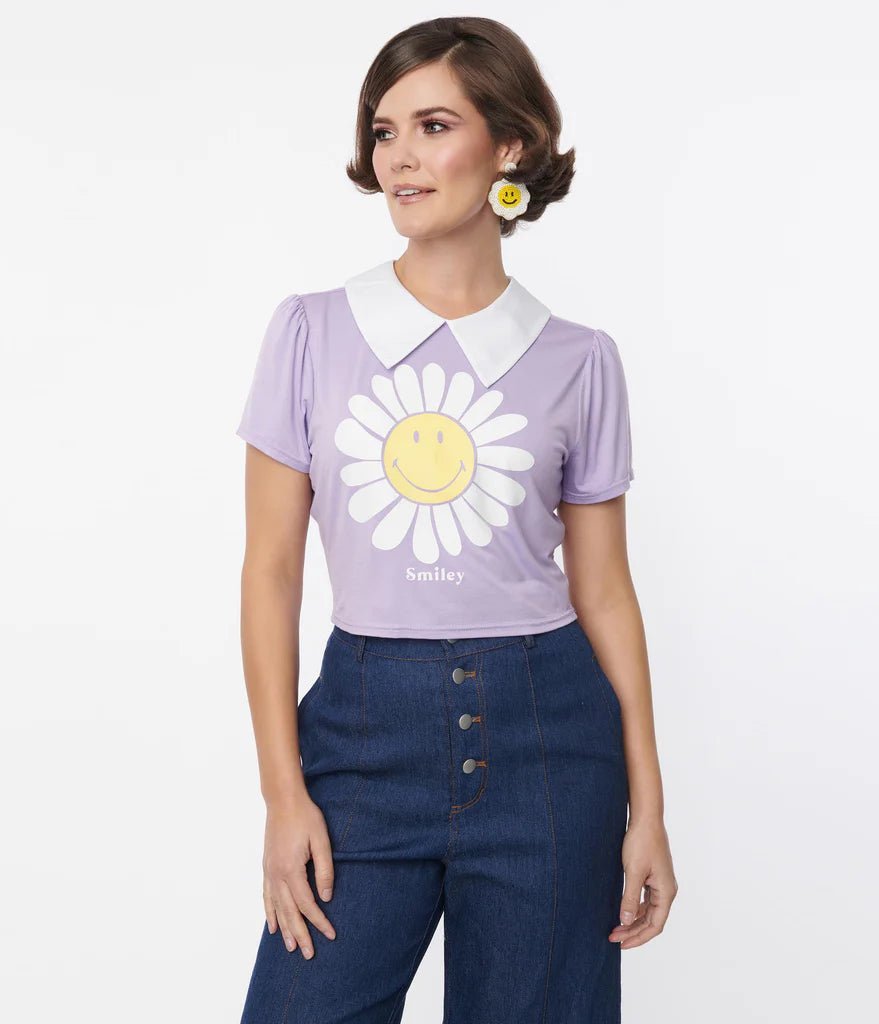 Shop Unique Vintage Unique Vintage x Smiley® Purple Flower Tee Top Top for women – premium loungewear and festival fashion at Spoiled Brat