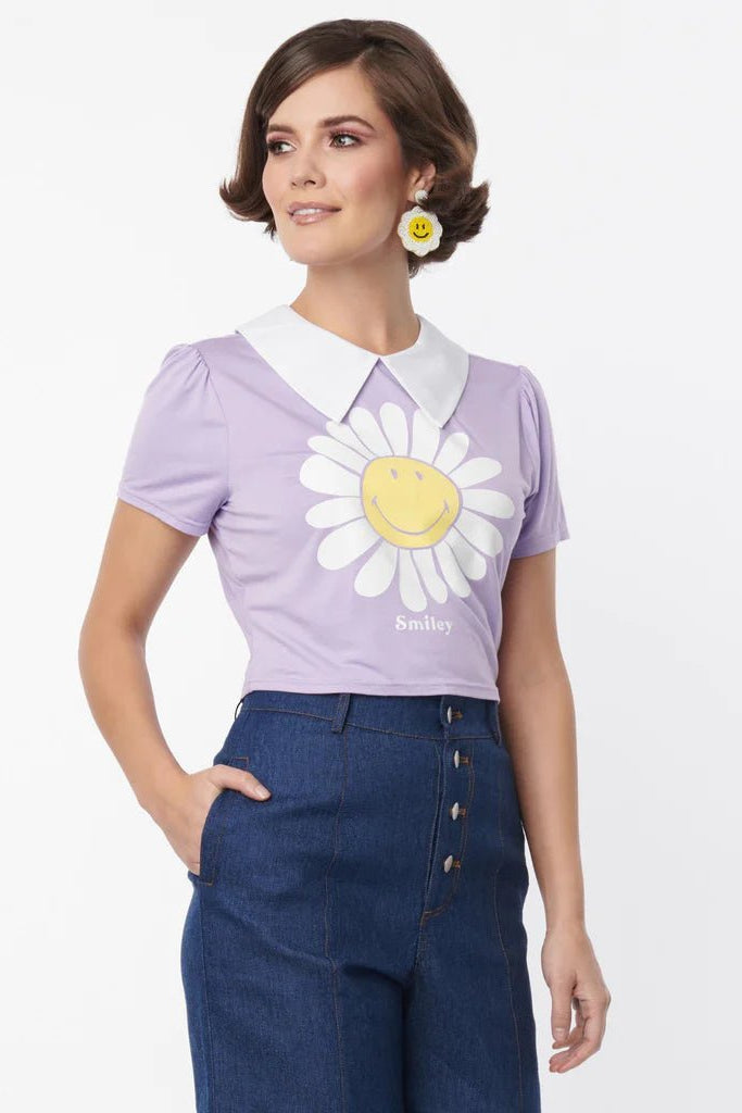 Shop Unique Vintage Unique Vintage x Smiley® Purple Flower Tee Top Top for women – premium loungewear and festival fashion at Spoiled Brat