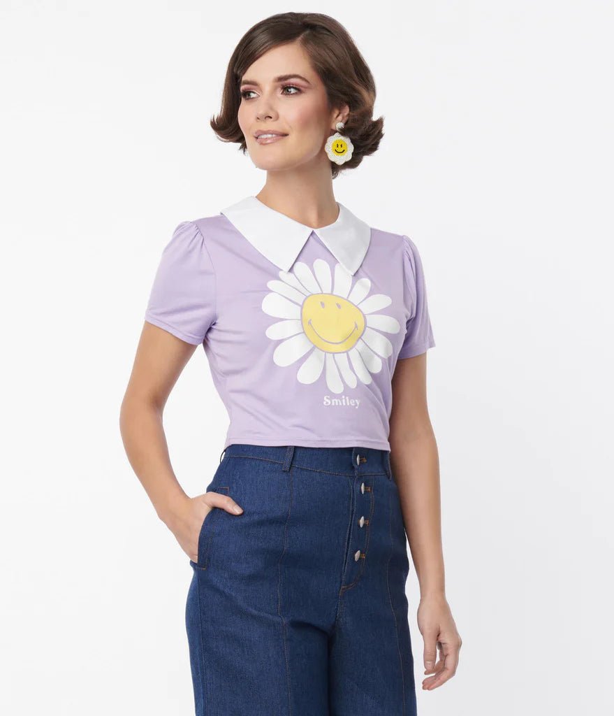 Shop Unique Vintage Unique Vintage x Smiley® Purple Flower Tee Top Top for women – premium loungewear and festival fashion at Spoiled Brat