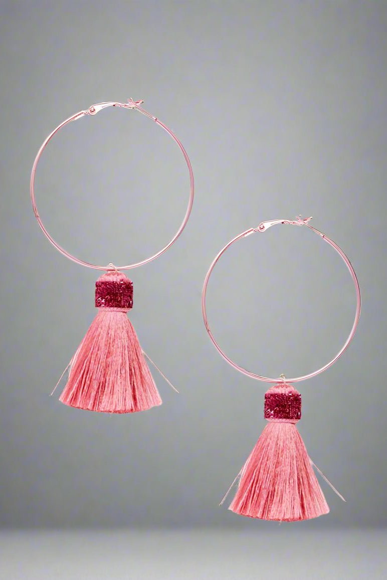 Shop Suzywan DELUXE Suzywan DELUXE Fuchsia Tassel Hoop Earrings Earrings for women – premium loungewear and festival fashion at Spoiled Brat