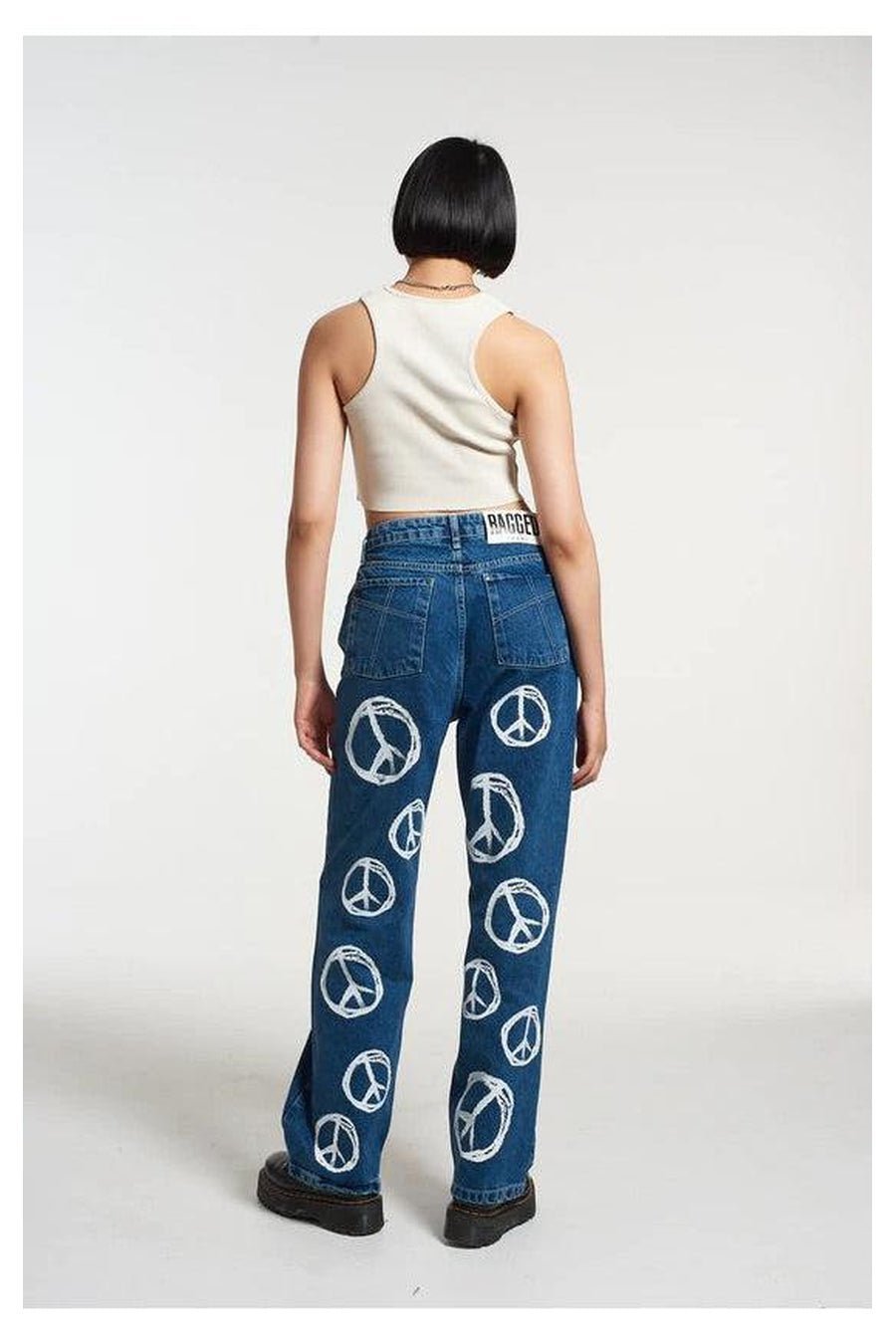 Shop The Ragged Priest The Ragged Priest Peace Printed Dad Jeans as seen on Chloe Sims Boyfriend Jeans for women – premium loungewear and festival fashion at Spoiled Brat